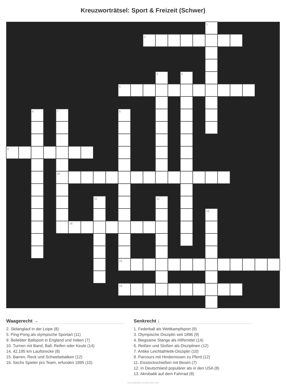 Kreuzworträtsel Kreuzworträtsel: Sport & Freizeit (Schwer) aus der Kategorie Sport - kostenlos ausdrucken
