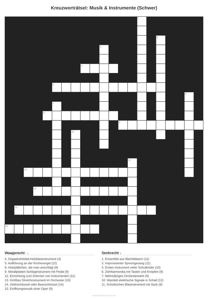 Kreuzworträtsel Kreuzworträtsel: Musik & Instrumente (Schwer) aus der Kategorie Musik - kostenlos ausdrucken