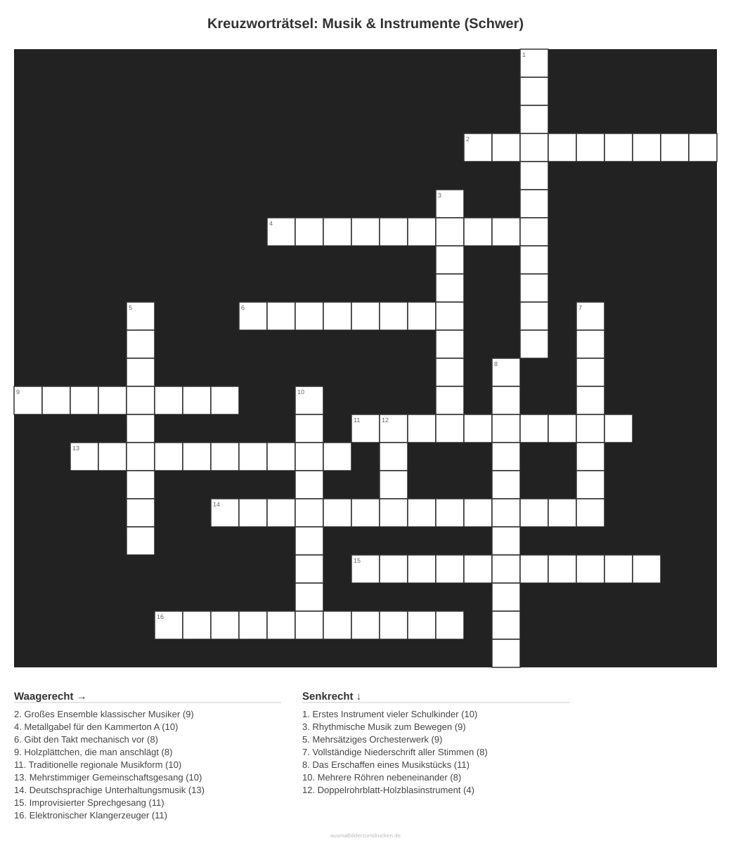 Kreuzworträtsel Kreuzworträtsel: Musik & Instrumente (Schwer) aus der Kategorie Musik - kostenlos ausdrucken