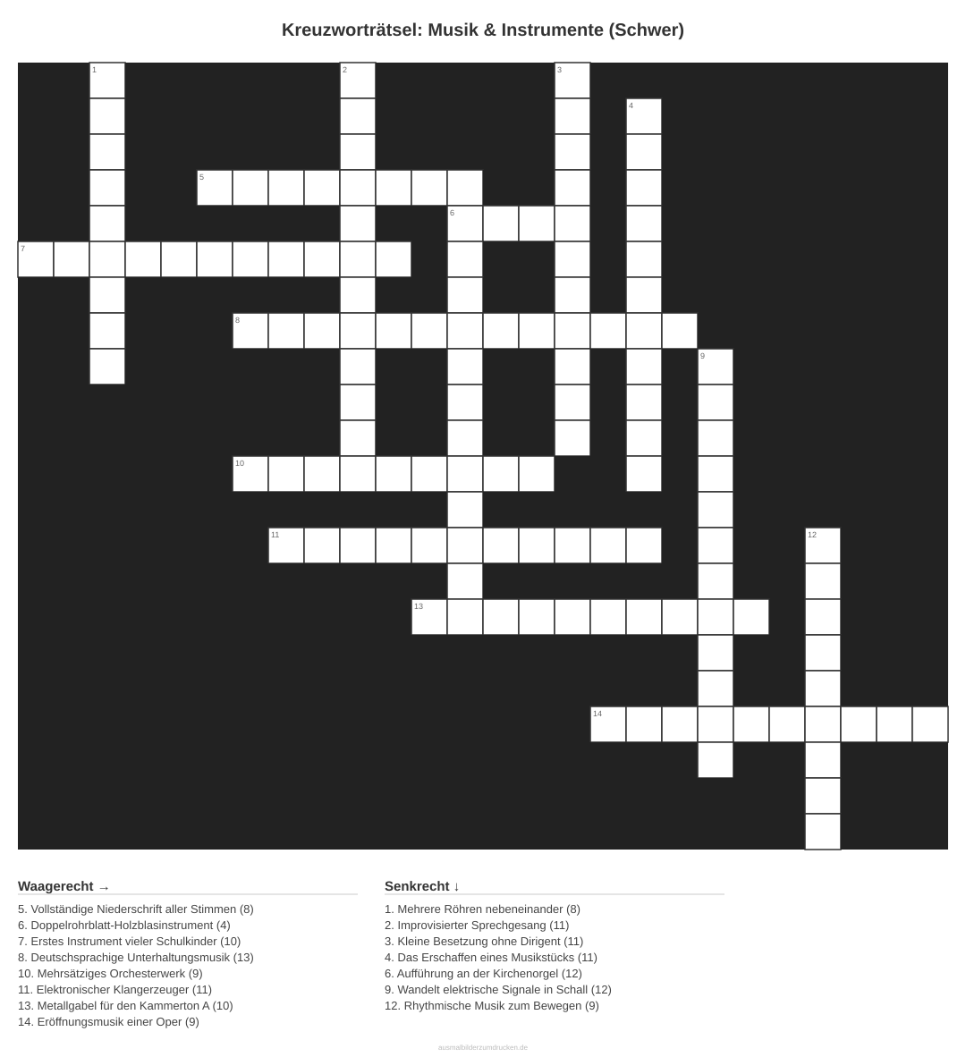 Kreuzworträtsel Kreuzworträtsel: Musik & Instrumente (Schwer) aus der Kategorie Musik - kostenlos ausdrucken