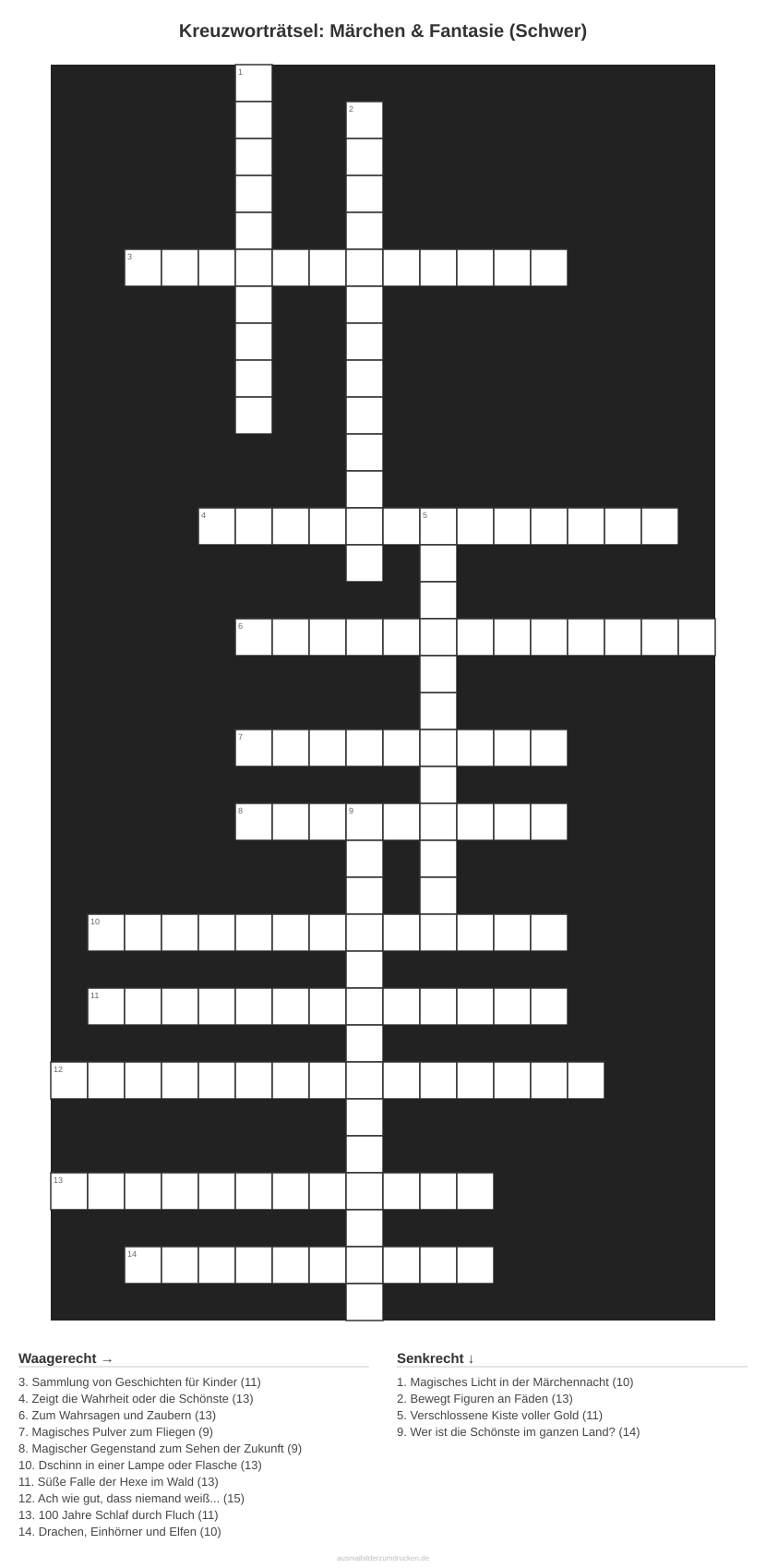 Kreuzworträtsel Kreuzworträtsel: Märchen & Fantasie (Schwer) aus der Kategorie Märchen - kostenlos ausdrucken