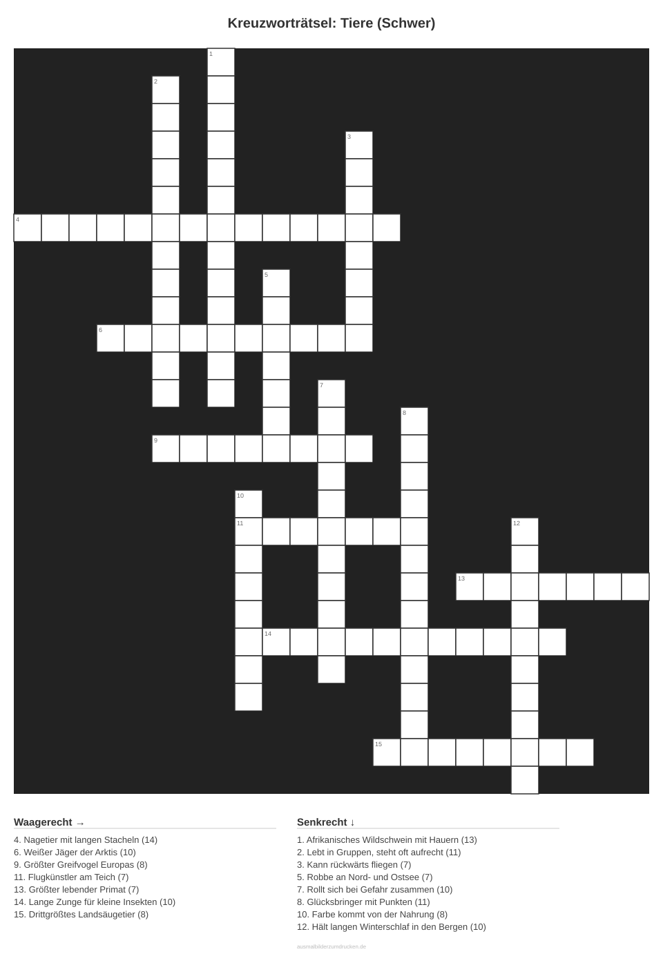 Kreuzworträtsel Kreuzworträtsel: Tiere (Schwer) aus der Kategorie Tiere - kostenlos ausdrucken