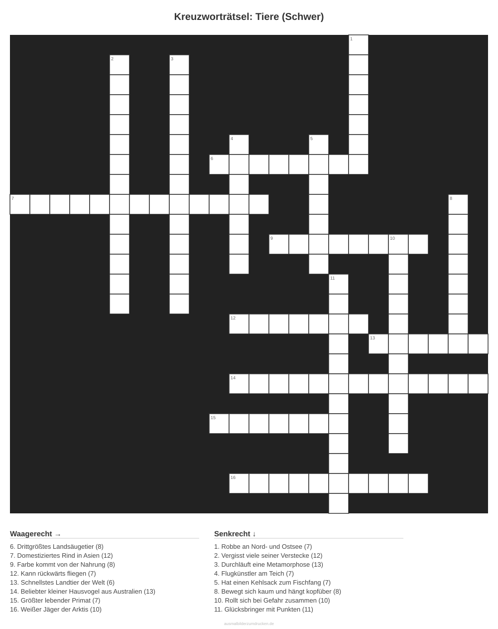 Kreuzworträtsel Kreuzworträtsel: Tiere (Schwer) aus der Kategorie Tiere - kostenlos ausdrucken