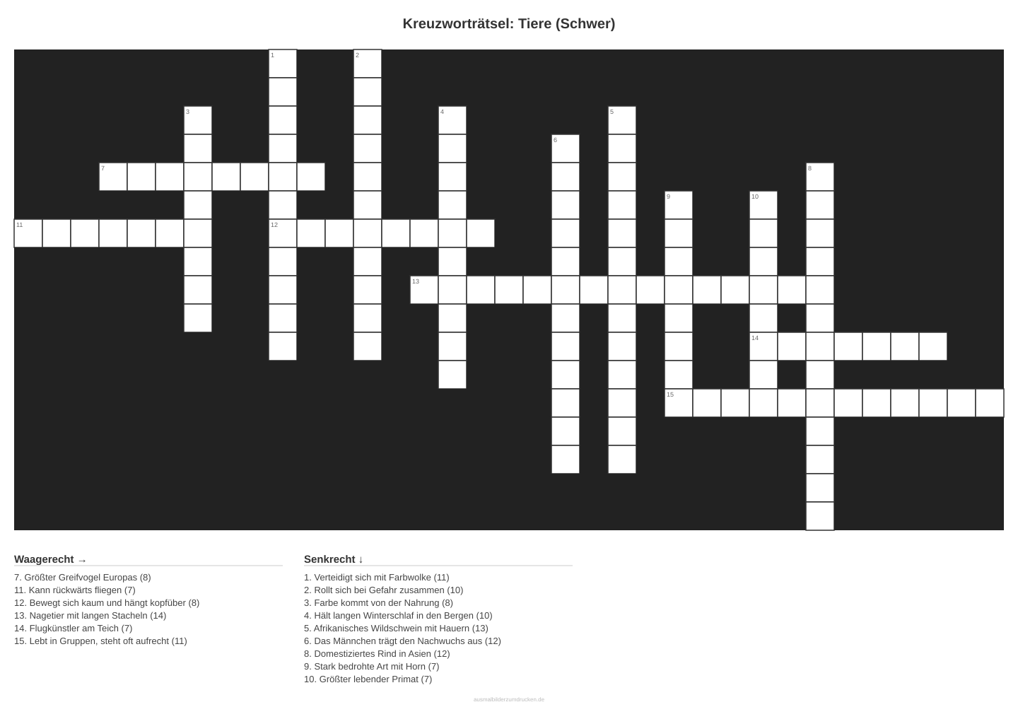 Kreuzworträtsel Kreuzworträtsel: Tiere (Schwer) aus der Kategorie Tiere - kostenlos ausdrucken