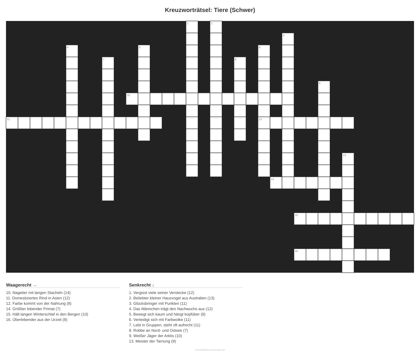 Kreuzworträtsel Kreuzworträtsel: Tiere (Schwer) aus der Kategorie Tiere - kostenlos ausdrucken