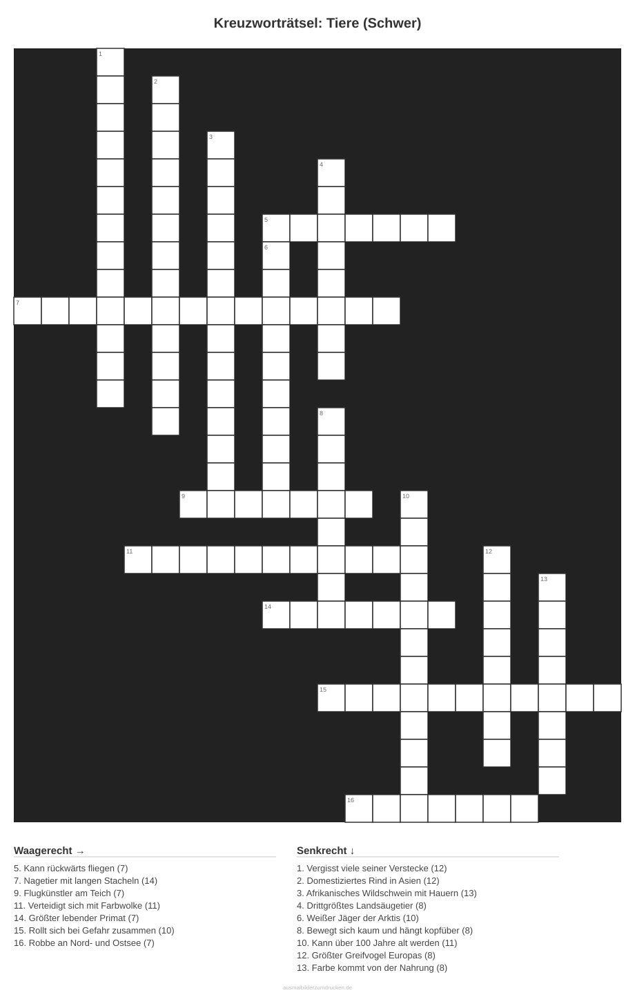 Kreuzworträtsel Kreuzworträtsel: Tiere (Schwer) aus der Kategorie Tiere - kostenlos ausdrucken