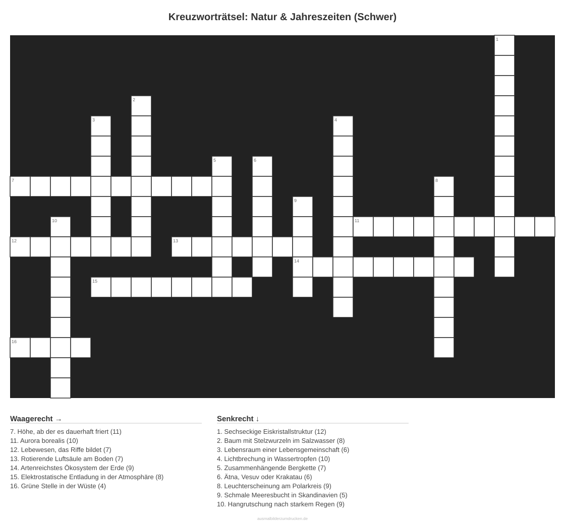 Kreuzworträtsel Kreuzworträtsel: Natur & Jahreszeiten (Schwer) aus der Kategorie Natur - kostenlos ausdrucken