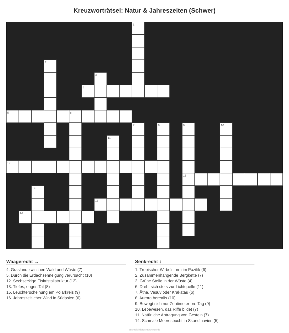 Kreuzworträtsel Kreuzworträtsel: Natur & Jahreszeiten (Schwer) aus der Kategorie Natur - kostenlos ausdrucken