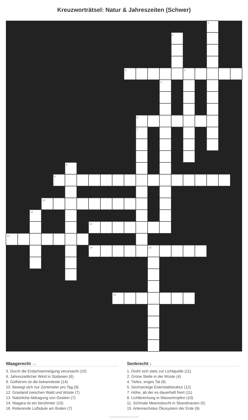 Kreuzworträtsel Kreuzworträtsel: Natur & Jahreszeiten (Schwer) aus der Kategorie Natur - kostenlos ausdrucken