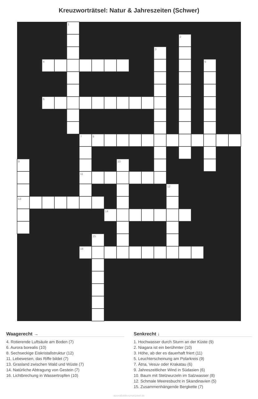 Kreuzworträtsel Kreuzworträtsel: Natur & Jahreszeiten (Schwer) aus der Kategorie Natur - kostenlos ausdrucken