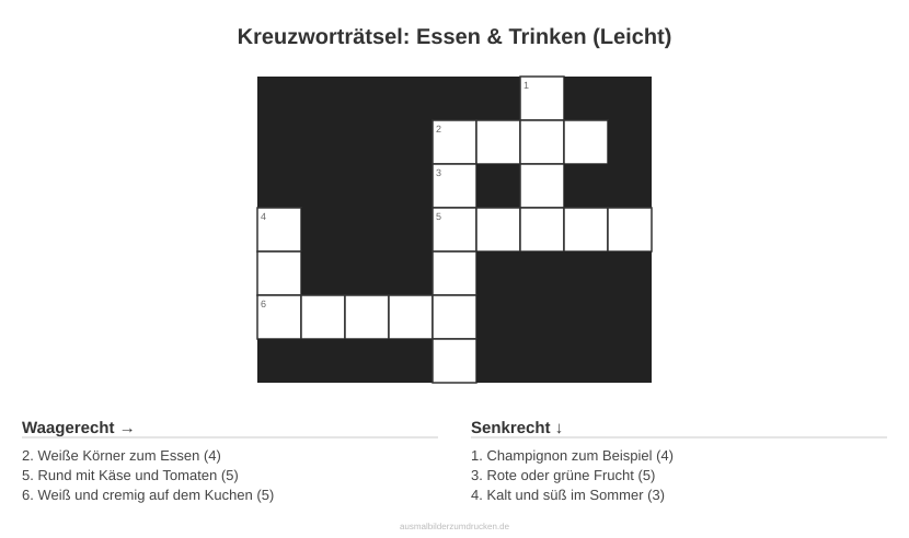 Kreuzworträtsel Kreuzworträtsel: Essen & Trinken (Leicht) aus der Kategorie Essen - kostenlos ausdrucken