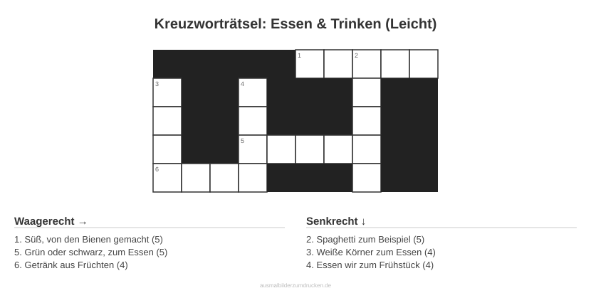 Kreuzworträtsel Kreuzworträtsel: Essen & Trinken (Leicht) aus der Kategorie Essen - kostenlos ausdrucken