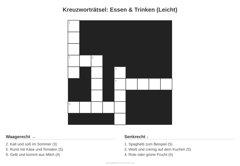 Kreuzworträtsel Kreuzworträtsel: Essen & Trinken (Leicht) aus der Kategorie Essen - kostenlos ausdrucken