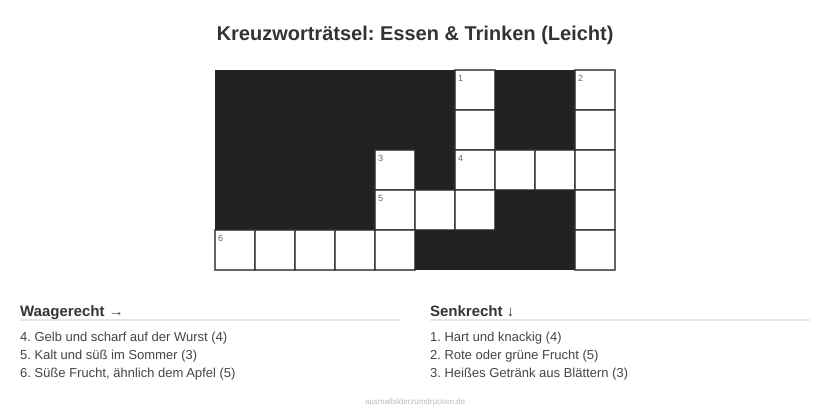 Kreuzworträtsel Kreuzworträtsel: Essen & Trinken (Leicht) aus der Kategorie Essen - kostenlos ausdrucken