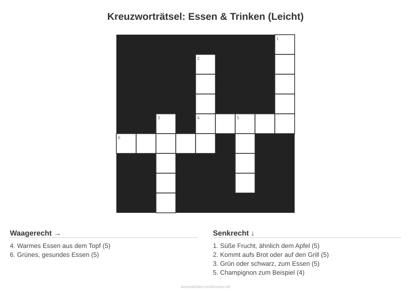 Kreuzworträtsel Kreuzworträtsel: Essen & Trinken (Leicht) aus der Kategorie Essen - kostenlos ausdrucken