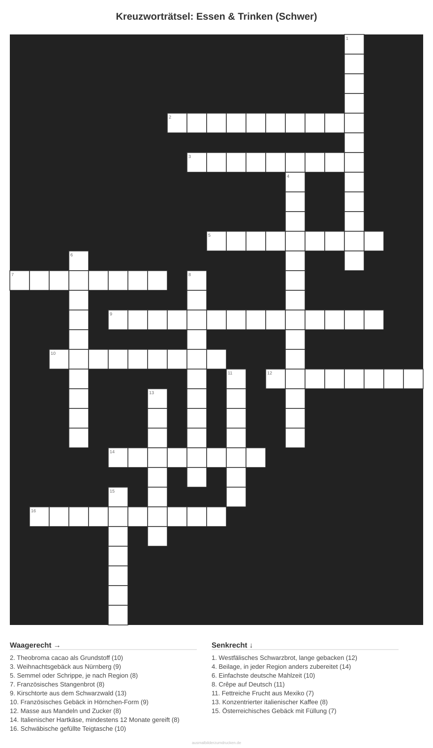 Kreuzworträtsel Kreuzworträtsel: Essen & Trinken (Schwer) aus der Kategorie Essen - kostenlos ausdrucken