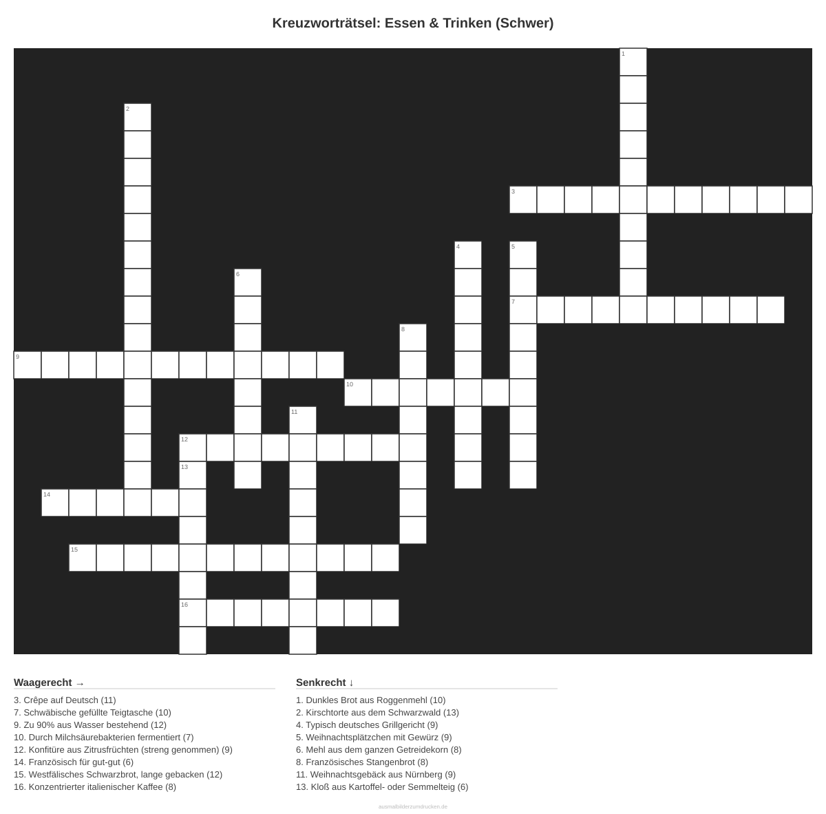Kreuzworträtsel Kreuzworträtsel: Essen & Trinken (Schwer) aus der Kategorie Essen - kostenlos ausdrucken