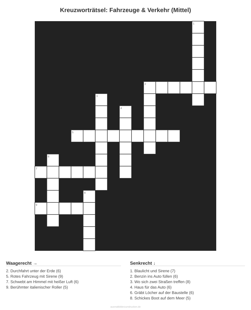 Kreuzworträtsel Kreuzworträtsel: Fahrzeuge & Verkehr (Mittel) aus der Kategorie Fahrzeuge - kostenlos ausdrucken