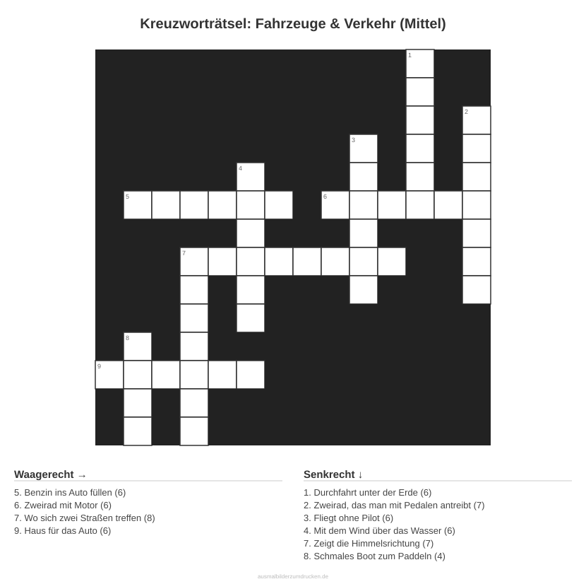Kreuzworträtsel Kreuzworträtsel: Fahrzeuge & Verkehr (Mittel) aus der Kategorie Fahrzeuge - kostenlos ausdrucken