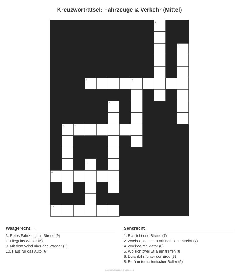 Kreuzworträtsel Kreuzworträtsel: Fahrzeuge & Verkehr (Mittel) aus der Kategorie Fahrzeuge - kostenlos ausdrucken