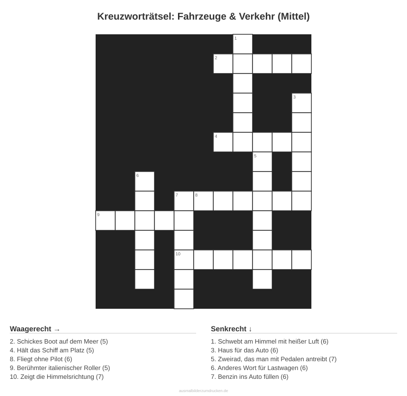Kreuzworträtsel Kreuzworträtsel: Fahrzeuge & Verkehr (Mittel) aus der Kategorie Fahrzeuge - kostenlos ausdrucken