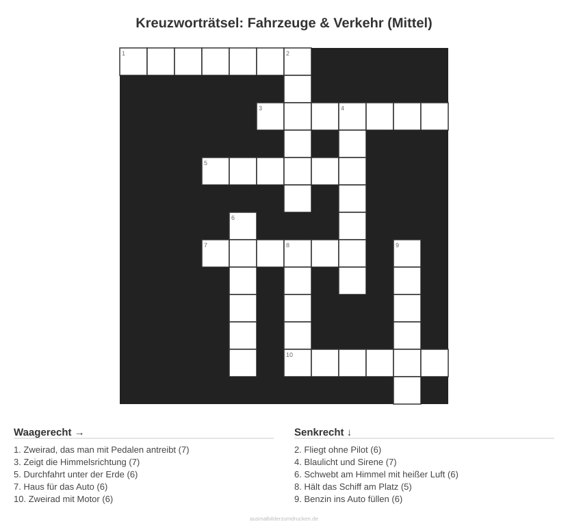 Kreuzworträtsel Kreuzworträtsel: Fahrzeuge & Verkehr (Mittel) aus der Kategorie Fahrzeuge - kostenlos ausdrucken