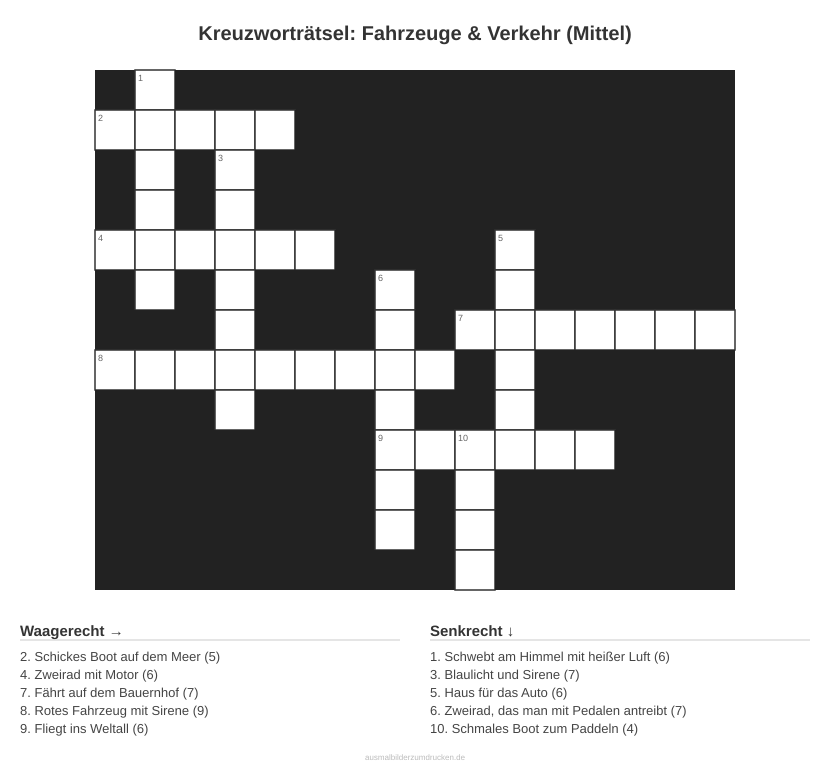 Kreuzworträtsel Kreuzworträtsel: Fahrzeuge & Verkehr (Mittel) aus der Kategorie Fahrzeuge - kostenlos ausdrucken