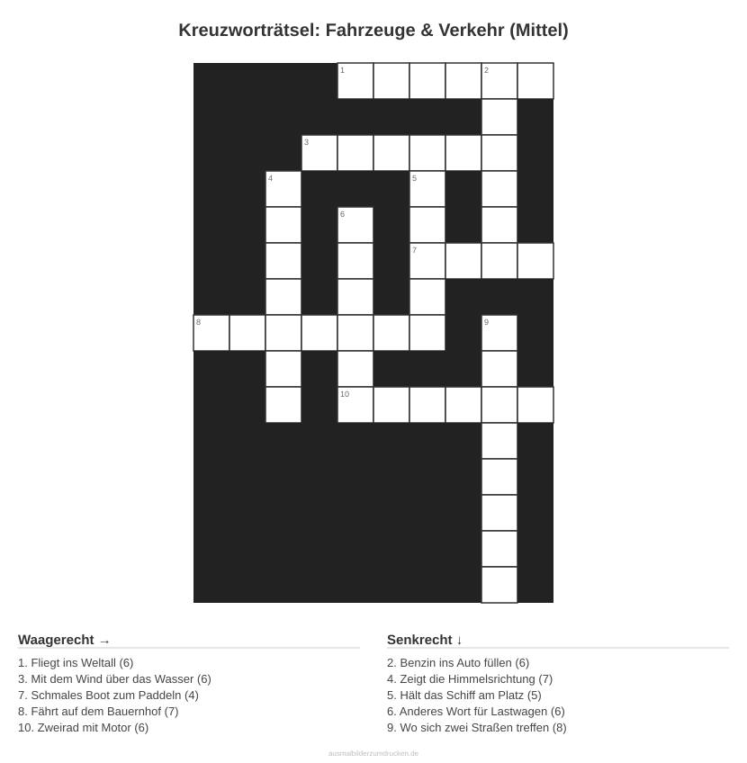 Kreuzworträtsel Kreuzworträtsel: Fahrzeuge & Verkehr (Mittel) aus der Kategorie Fahrzeuge - kostenlos ausdrucken