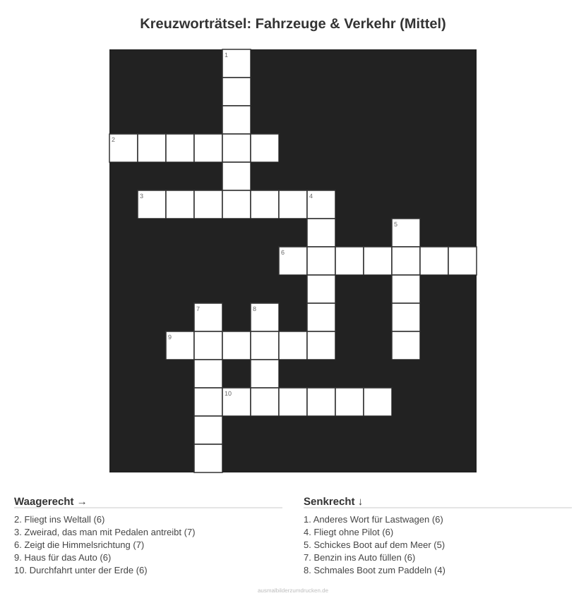 Kreuzworträtsel Kreuzworträtsel: Fahrzeuge & Verkehr (Mittel) aus der Kategorie Fahrzeuge - kostenlos ausdrucken