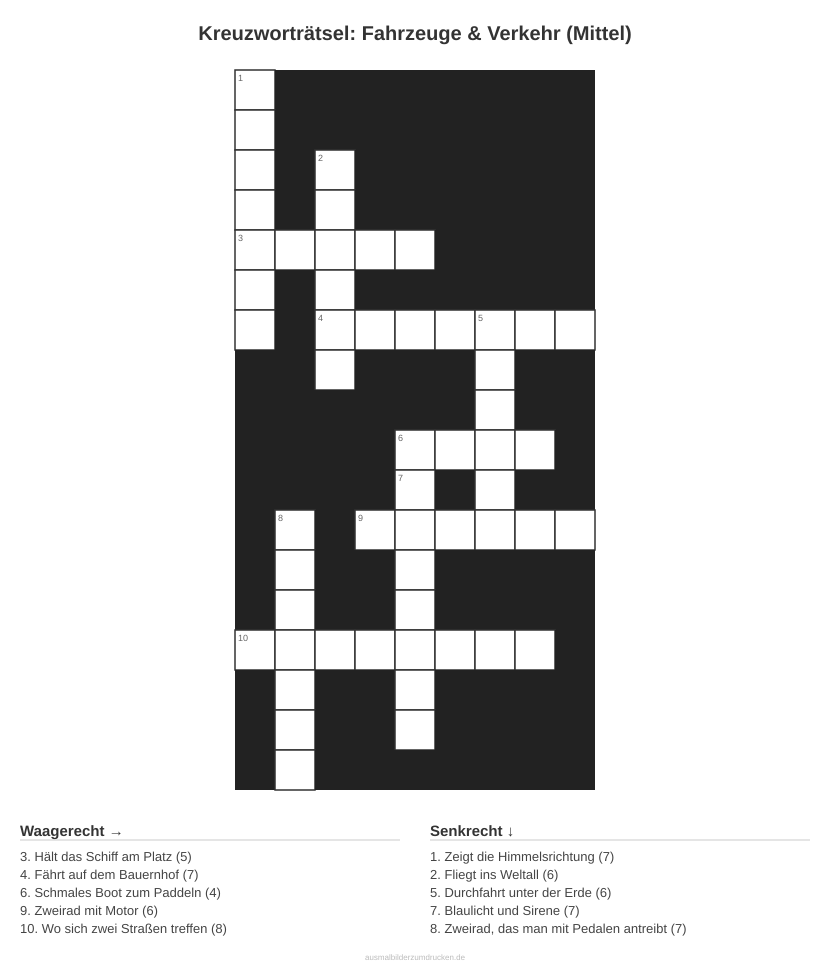 Kreuzworträtsel Kreuzworträtsel: Fahrzeuge & Verkehr (Mittel) aus der Kategorie Fahrzeuge - kostenlos ausdrucken