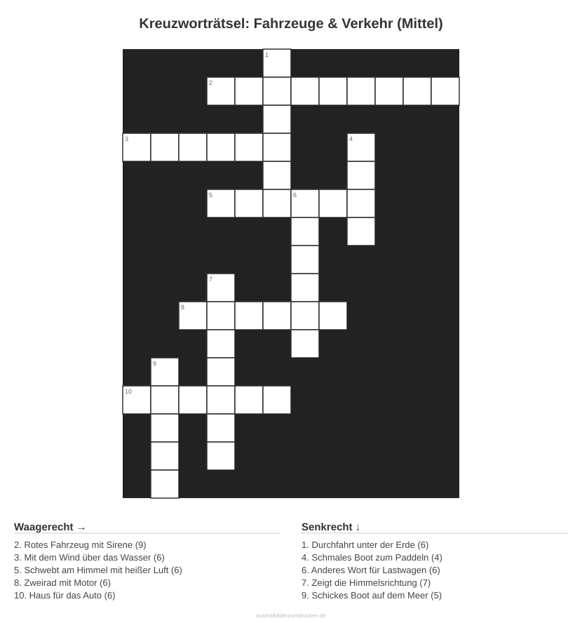 Kreuzworträtsel Kreuzworträtsel: Fahrzeuge & Verkehr (Mittel) aus der Kategorie Fahrzeuge - kostenlos ausdrucken