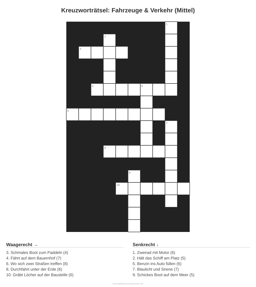 Kreuzworträtsel Kreuzworträtsel: Fahrzeuge & Verkehr (Mittel) aus der Kategorie Fahrzeuge - kostenlos ausdrucken