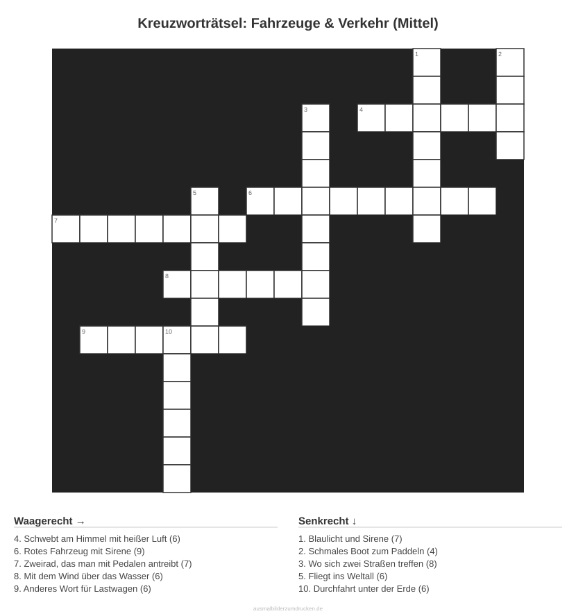 Kreuzworträtsel Kreuzworträtsel: Fahrzeuge & Verkehr (Mittel) aus der Kategorie Fahrzeuge - kostenlos ausdrucken