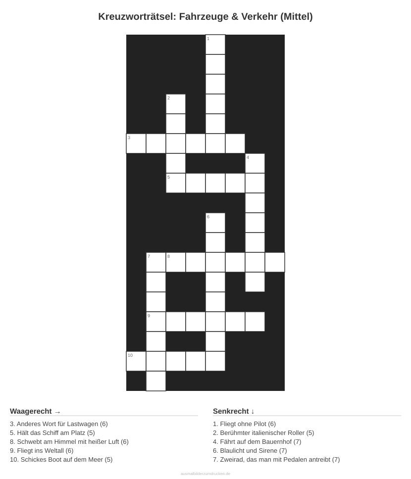 Kreuzworträtsel Kreuzworträtsel: Fahrzeuge & Verkehr (Mittel) aus der Kategorie Fahrzeuge - kostenlos ausdrucken