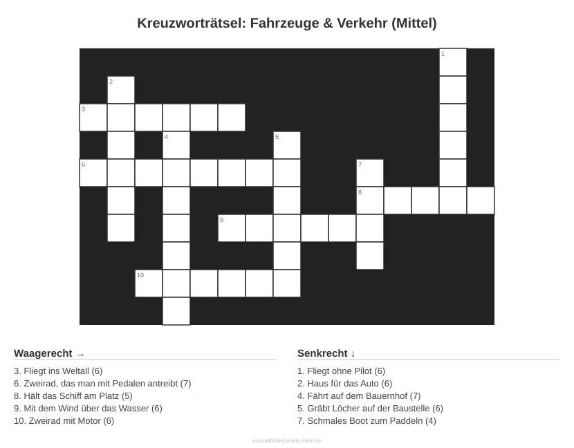 Kreuzworträtsel Kreuzworträtsel: Fahrzeuge & Verkehr (Mittel) aus der Kategorie Fahrzeuge - kostenlos ausdrucken
