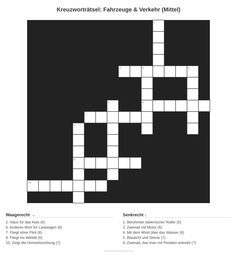 Kreuzworträtsel Kreuzworträtsel: Fahrzeuge & Verkehr (Mittel) aus der Kategorie Fahrzeuge - kostenlos ausdrucken