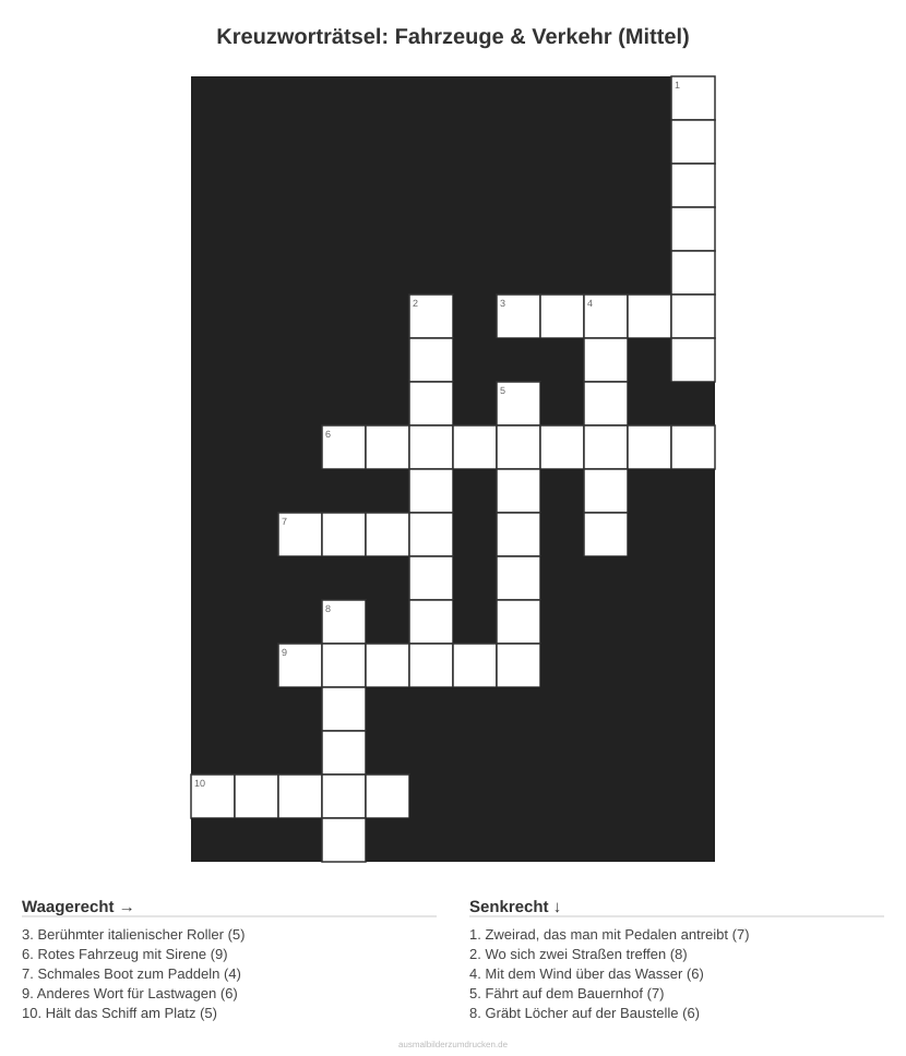Kreuzworträtsel Kreuzworträtsel: Fahrzeuge & Verkehr (Mittel) aus der Kategorie Fahrzeuge - kostenlos ausdrucken