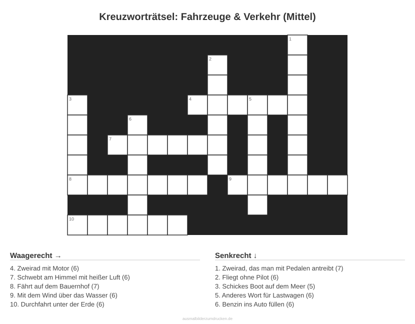 Kreuzworträtsel Kreuzworträtsel: Fahrzeuge & Verkehr (Mittel) aus der Kategorie Fahrzeuge - kostenlos ausdrucken