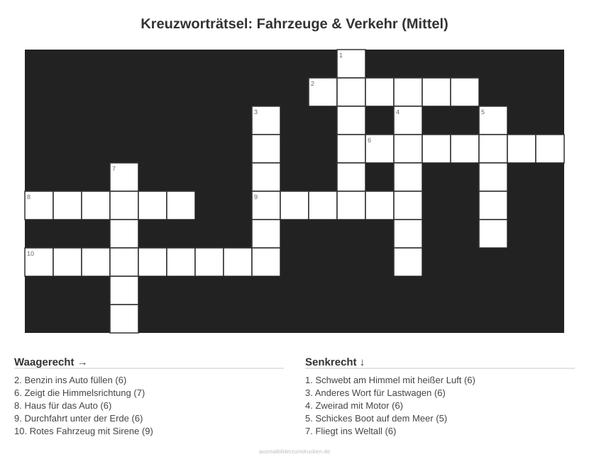 Kreuzworträtsel Kreuzworträtsel: Fahrzeuge & Verkehr (Mittel) aus der Kategorie Fahrzeuge - kostenlos ausdrucken