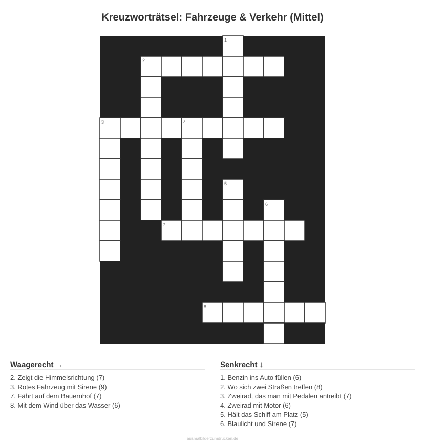 Kreuzworträtsel Kreuzworträtsel: Fahrzeuge & Verkehr (Mittel) aus der Kategorie Fahrzeuge - kostenlos ausdrucken