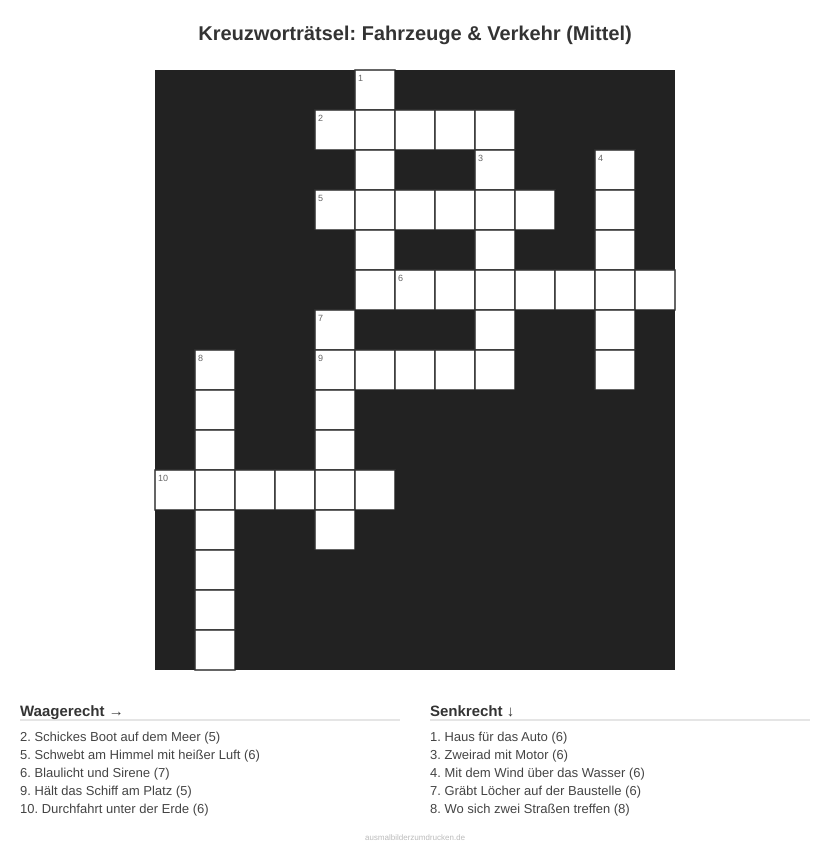 Kreuzworträtsel Kreuzworträtsel: Fahrzeuge & Verkehr (Mittel) aus der Kategorie Fahrzeuge - kostenlos ausdrucken