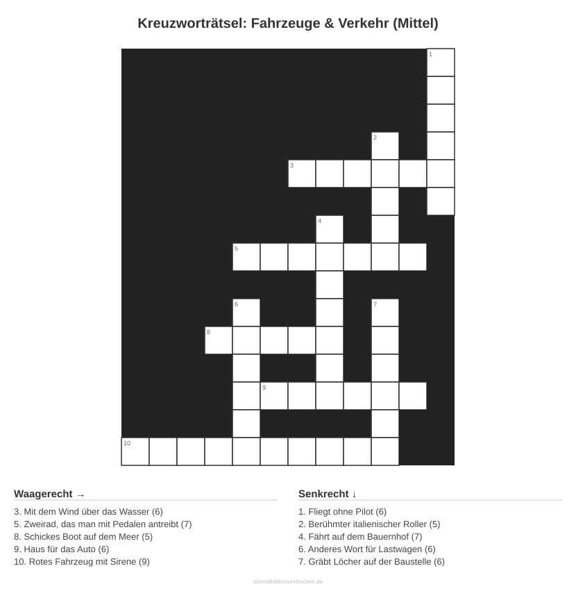 Kreuzworträtsel Kreuzworträtsel: Fahrzeuge & Verkehr (Mittel) aus der Kategorie Fahrzeuge - kostenlos ausdrucken