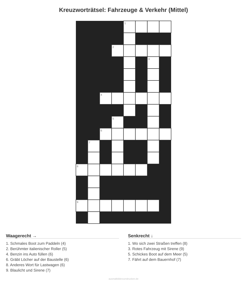 Kreuzworträtsel Kreuzworträtsel: Fahrzeuge & Verkehr (Mittel) aus der Kategorie Fahrzeuge - kostenlos ausdrucken
