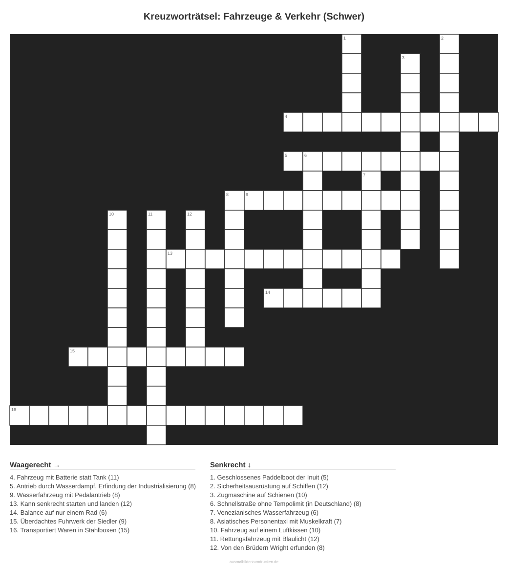Kreuzworträtsel Kreuzworträtsel: Fahrzeuge & Verkehr (Schwer) aus der Kategorie Fahrzeuge - kostenlos ausdrucken