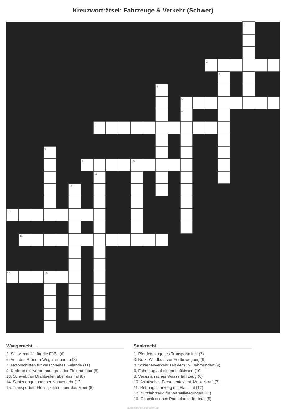 Kreuzworträtsel Kreuzworträtsel: Fahrzeuge & Verkehr (Schwer) aus der Kategorie Fahrzeuge - kostenlos ausdrucken