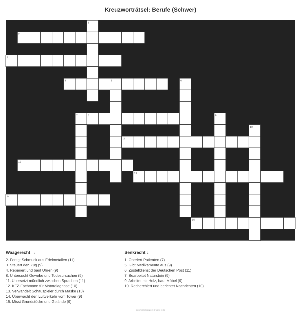Kreuzworträtsel Kreuzworträtsel: Berufe (Schwer) aus der Kategorie Berufe - kostenlos ausdrucken