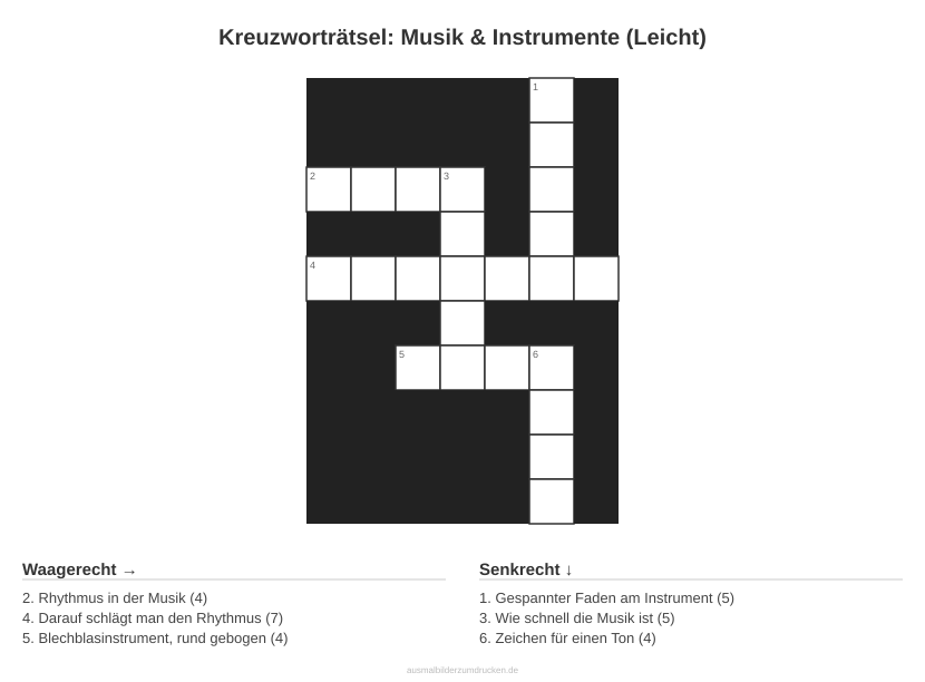 Kreuzworträtsel Kreuzworträtsel: Musik & Instrumente (Leicht) aus der Kategorie Musik - kostenlos ausdrucken