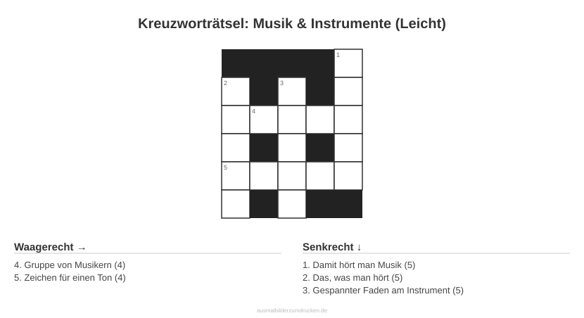 Kreuzworträtsel Kreuzworträtsel: Musik & Instrumente (Leicht) aus der Kategorie Musik - kostenlos ausdrucken