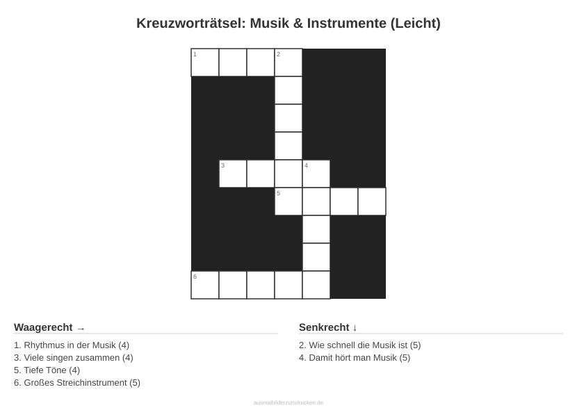 Kreuzworträtsel Kreuzworträtsel: Musik & Instrumente (Leicht) aus der Kategorie Musik - kostenlos ausdrucken