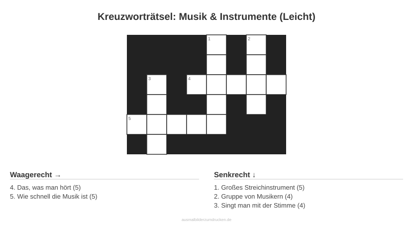 Kreuzworträtsel Kreuzworträtsel: Musik & Instrumente (Leicht) aus der Kategorie Musik - kostenlos ausdrucken